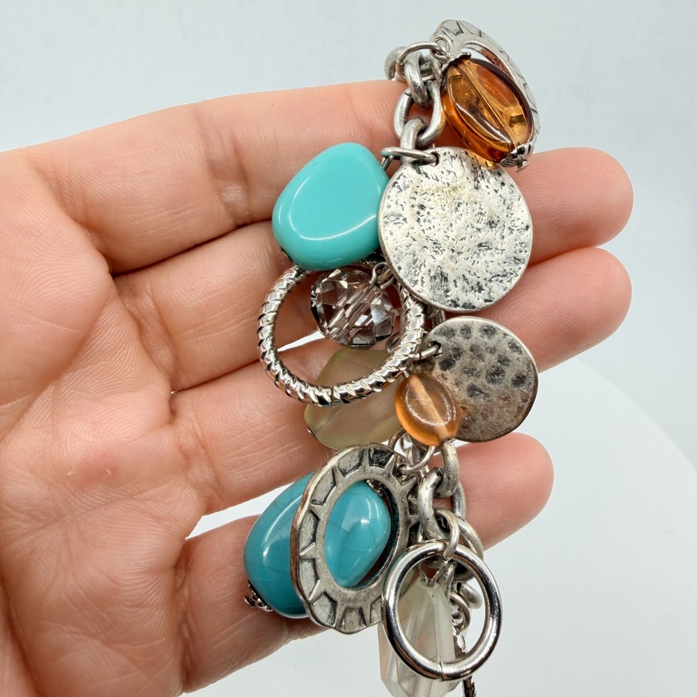 Vintage Boho Silver Faux Turquoise Chunky Charm Bracelet Multi Bead Toggle Y2K - Picture 7 of 8